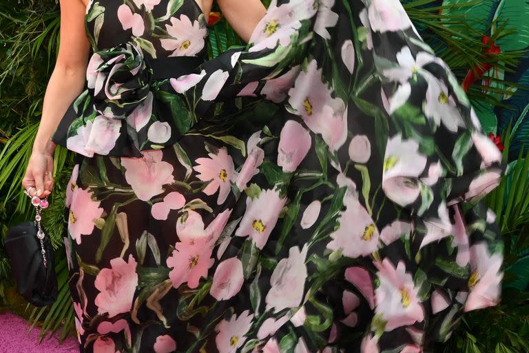 Julianne Hough lució un maxivestido floral de Carolina Herrera. La actriz y bailarina complementó esta propuesta en rosa y negro y cuello halter con un peinado recogido bien descontracturado y aros llamativos