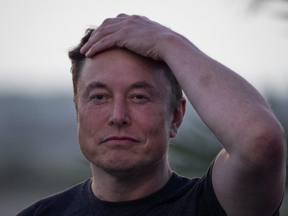 A picture of Elon Musk from the shoulders up. He's wearing a black t-shirt and clasping his left hand to his head with a calm expression on his face.