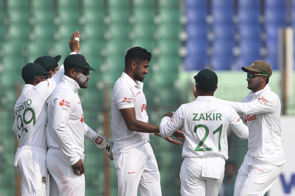 Bangladesh's Khaled Ahmed celebrates a wicket of India's K.L. Rahul left during the first Test cricket match day one between Bangladesh and India in Chattogram Bangladesh, Wednesday, Dec. 14, 2022. (AP Photo/Surjeet Yadav)