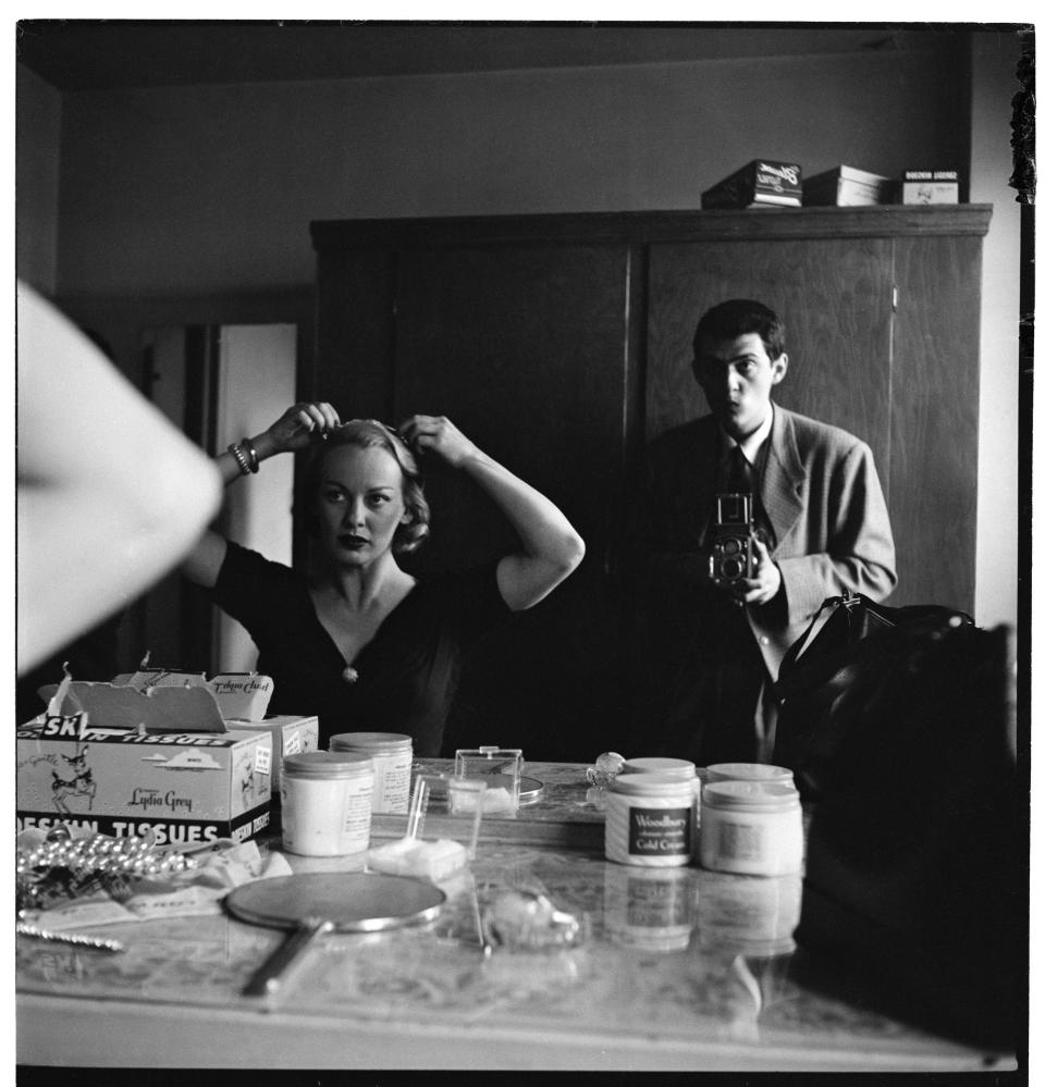 Kubrick photographed himself alongside Golden Age film star Faye Emerson in the mirror of her dressing room in 1950. “A selection of photos he took for the magazine were staged, not natural shots,” says Corcoran. “He would sometimes make slightly voyeuristic photographs that reflect how powerfully human idiosyncrasies captured his gaze.”