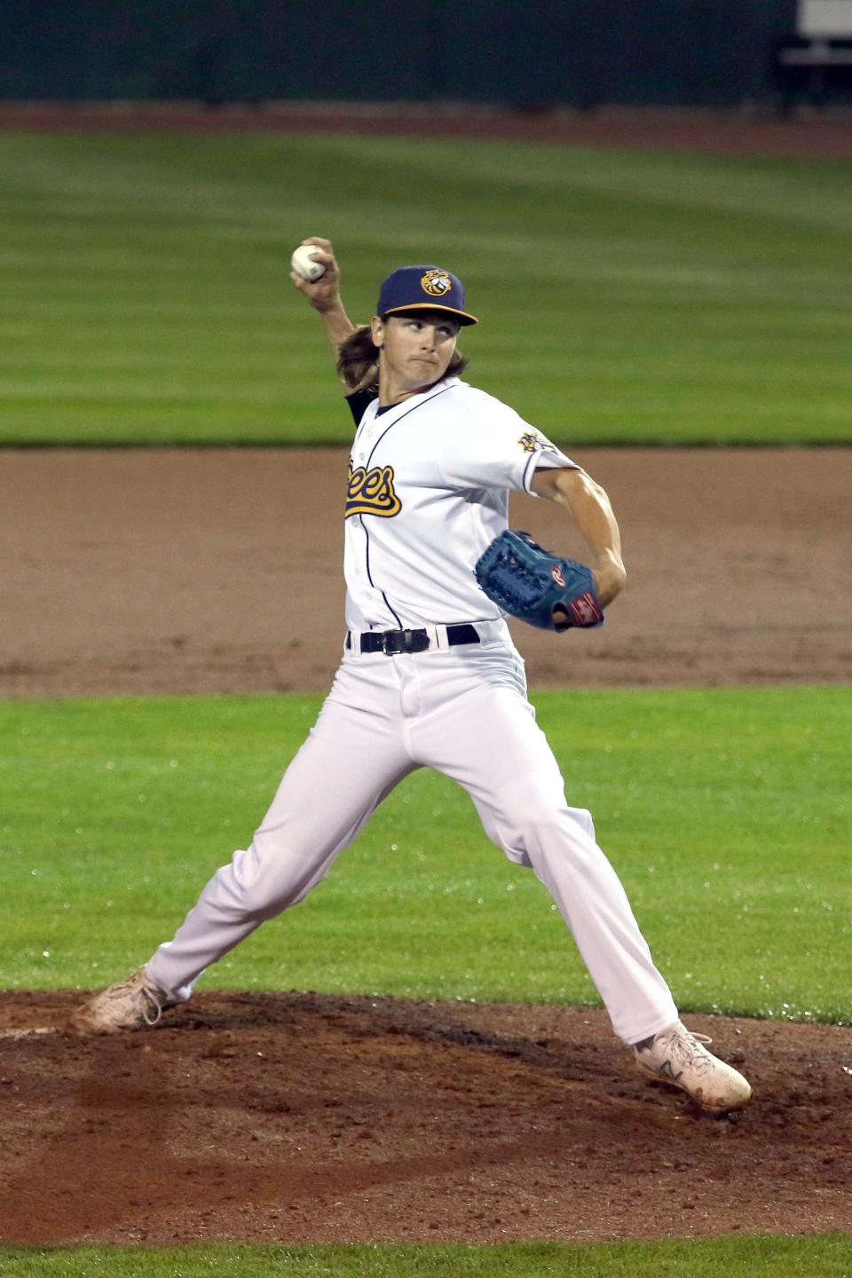 Burlington Bees’ relief pitcher Reece Wissinger came in with bases loaded in the 6th inning then struck out three batters against the Springfield Sliders Friday, June 25, 2021 at Community Field in Burlington. Donald K. Aliprandi/ for The Hawk Eye