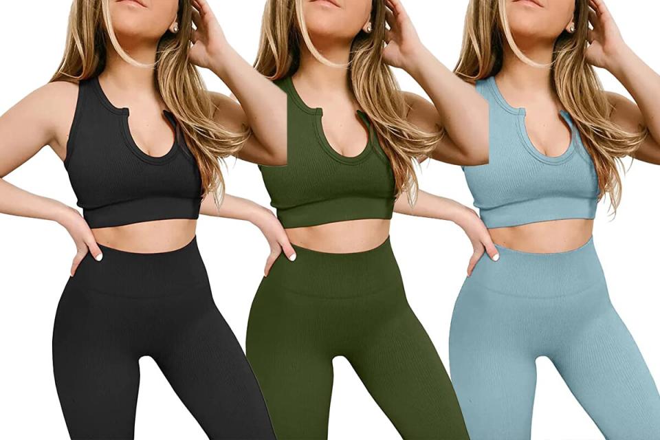 FAFOFA Workout Outfits for Women 2 Piece Ribbed Seamless Crop Tank High Waist Yoga Leggings Sets