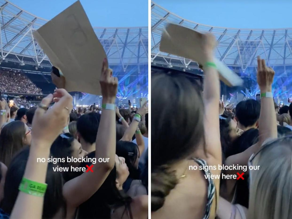 Screenshots showing the person's sign being grabbed out of their hands.