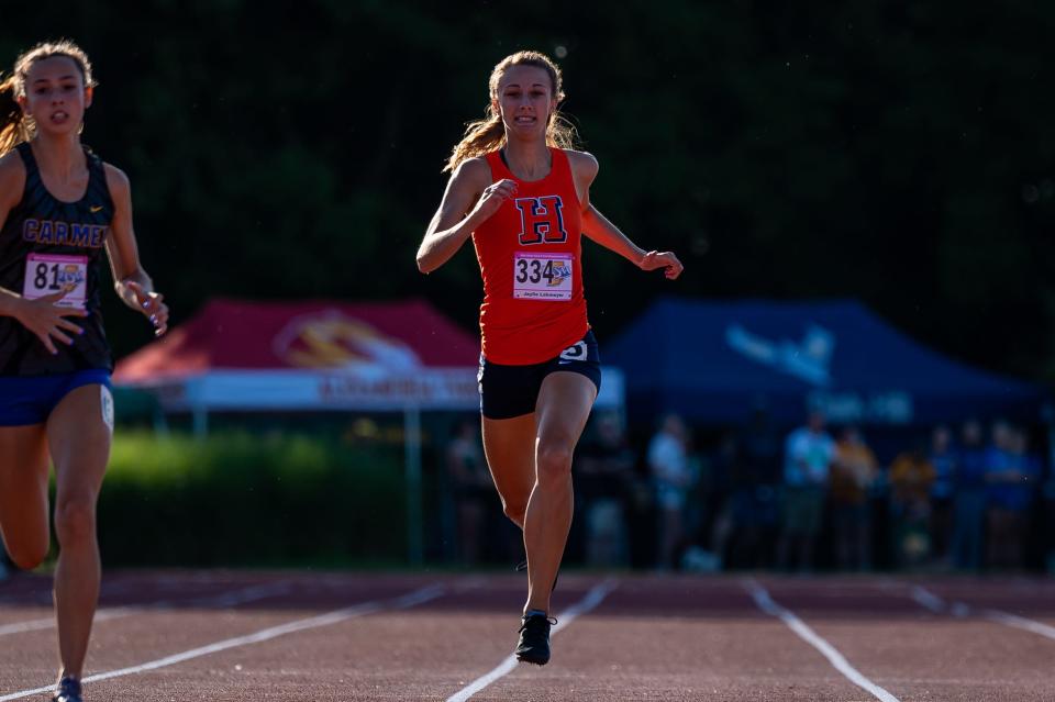 Harrison's Jaylie Lohmeyer competes in the 400 meters in the girls IHSAA state track and field finals on June 3, 2022 at Indiana University.