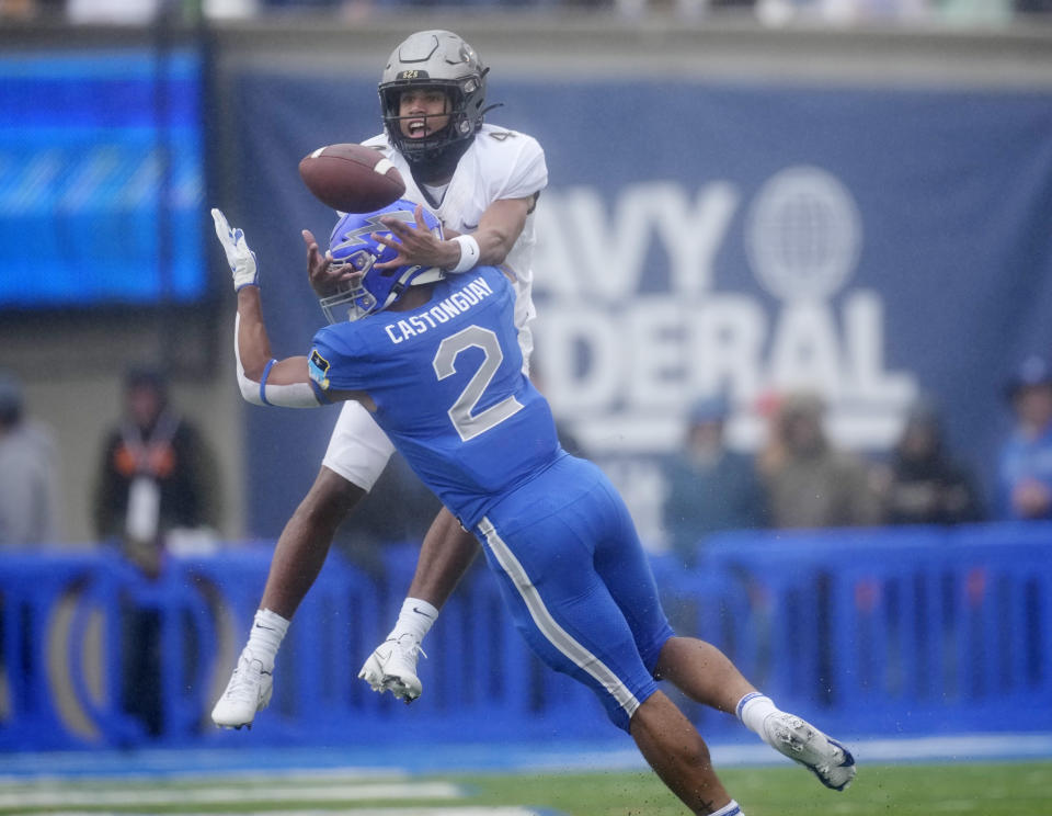 Air Force cornerback Eian Castonguay, front, breaks up a pass intended for Colorado wide receiver Jamar Montgomery in the first half of an NCAA college football game Saturday, Sept. 10, 2022, at Air Force Academy, Colo. (AP Photo/David Zalubowski)