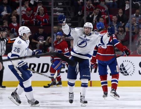 May 1, 2015; Montreal, Quebec, CAN; Tampa Bay Lightning forward Nikita Kucherov (86) celebrates after scoring the winning goal against the Montreal Canadiens during the second overtime period in game two of the second round of the 2015 Stanley Cup Playoffs at the Bell Centre. Mandatory Credit: Eric Bolte-USA TODAY Sports