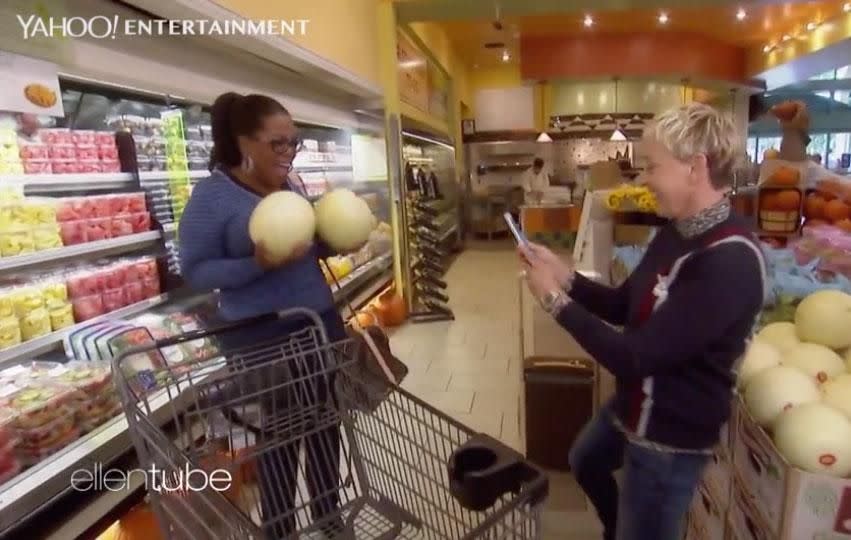 Oprah stopped by Ellen on Wednesday, where they showed a video of the pair going for a leisurely romp through a local grocery store. Source: Ellen