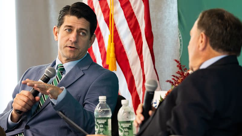 Paul Ryan, a former U.S. House speaker and the 2012 Republican vice presidential candidate, speaks at a fireside chat with former Utah Gov. Gary Herbert as part of a lecture series at the Gary R. Herbert Institute for Public Policy at Utah Valley University in Orem on Thursday, Oct. 5, 2023.