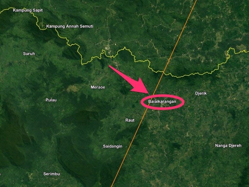 map shows region of borneo with orange line representing rocket booster path right over Balaikarangan