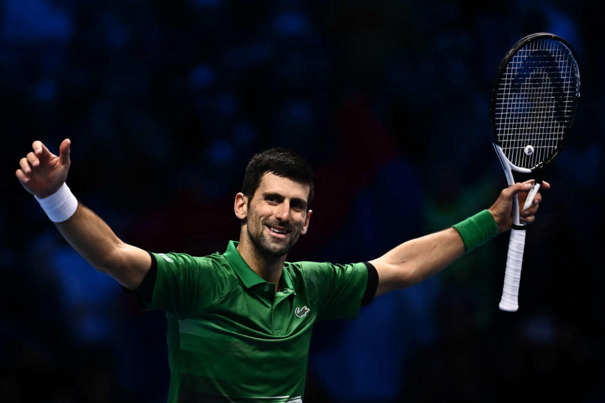 Serbia's Novak Djokovic celebrates after winning his men's single final match against Norway's Casper Ruud on November 20, 2022 at the ATP Finals tennis tournament in Turin. (Photo by Marco BERTORELLO / AFP)