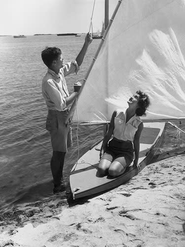 Jacqueline Kennedy and John F. Kennedy sailing in Hyannis Port, MA, 1955