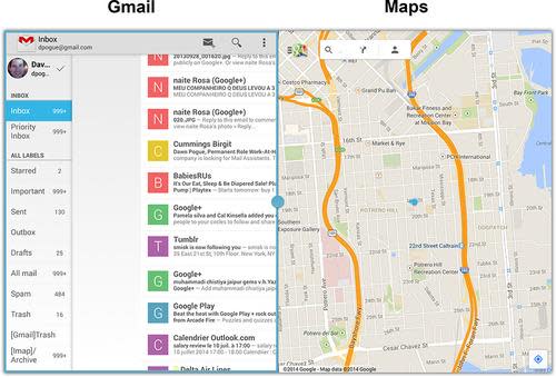 Screen split between Gmail and Maps