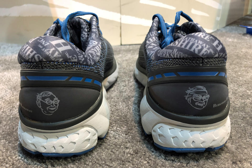 Special edition Brooks Ghost 11 running shoes featuring images of Berkshire Hathaway Chairman Warren Buffett and Vice Chairman Charlie Munger are seen at Berkshire’s annual shareholder shopping day in Omaha, Nebraska, U.S., May 3, 2019.   REUTERS/Jonathan Stempel