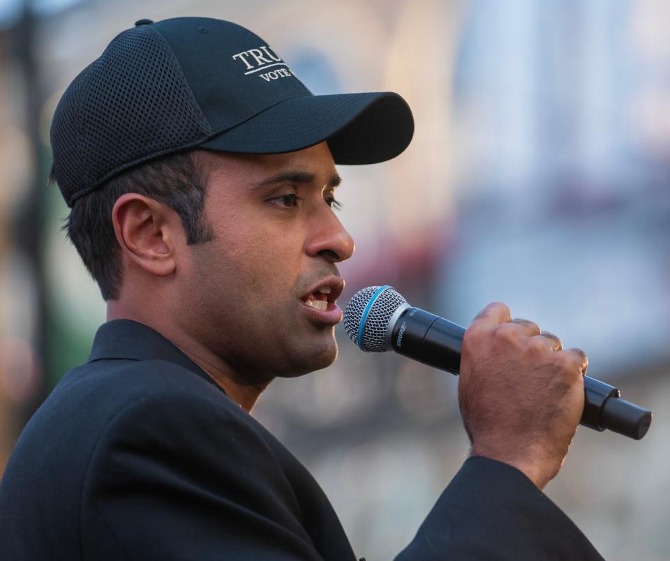 Republican presidential hopeful Vivek Ramaswamy speaks at an appearance Tuesday, August 22, 2023 at the Beer Garden, 1133 N. Dr. Martin Luther King Dr. In Milwaukee, Wis. Ramaswamy is one of eight GOP candidates participating in Wednesday’s debate at Fiserv Forum.