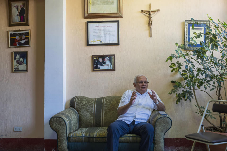 Cardinal Álvaro Ramazzini speaks during an interview at his office in Huehuetenango, Guatemala, Friday, March 22, 2024. Elevated by Pope Francis in 2019 to the top hierarchy of the Catholic Church, Ramazzini has continued his focus on the poor, the Indigenous and the migrant. (AP Photo/Moises Castillo)