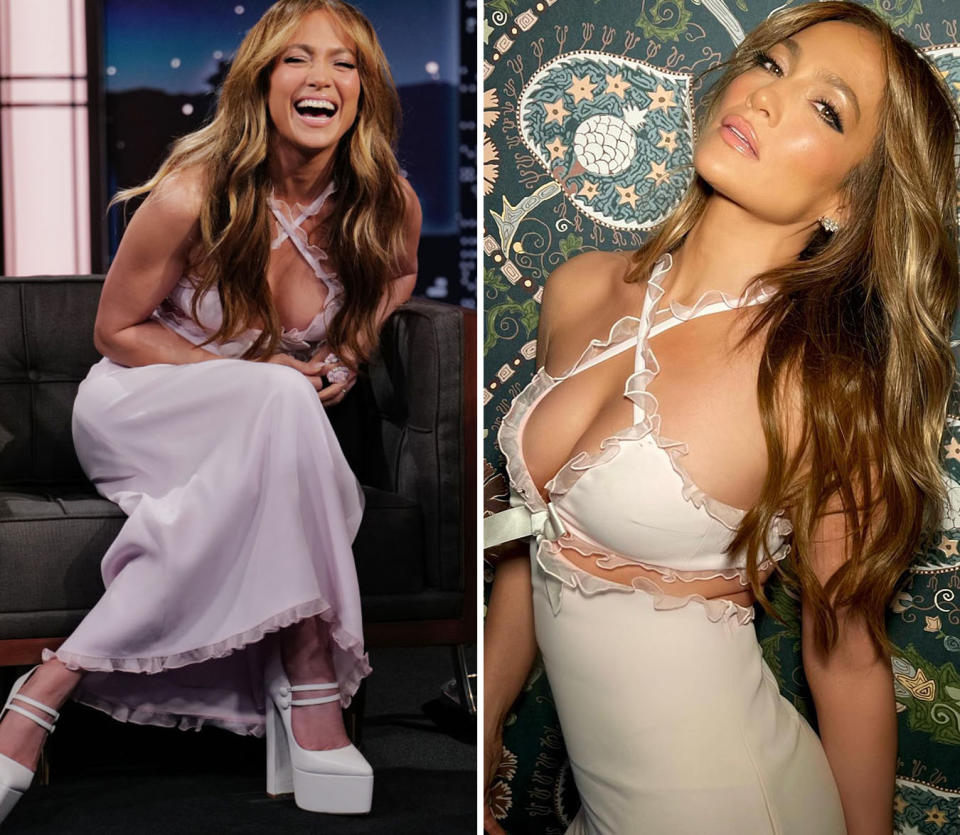 L: Jennifer Lopez on Jimmy Kimmel Live! in a pink dress. R: Jennifer Lopez poses in a pink lingerie inspired dress