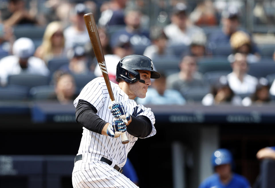 New York Yankees' Anthony Rizzo follows through on a single against the Kansas City Royals during the fifth inning of a baseball game Sunday, July 31, 2022, in New York. (AP Photo/Noah K. Murray)