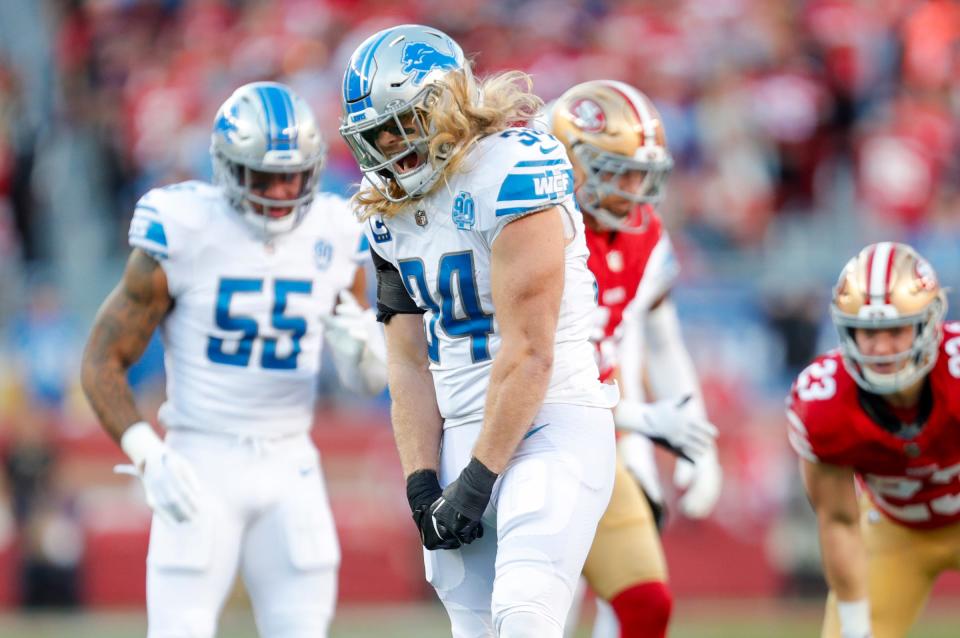 Lions linebacker <a class="link " href="https://sports.yahoo.com/nfl/players/30189/" data-i13n="sec:content-canvas;subsec:anchor_text;elm:context_link" data-ylk="slk:Alex Anzalone;sec:content-canvas;subsec:anchor_text;elm:context_link;itc:0">Alex Anzalone</a> celebrates a play in the first quarter of the NFC championship game at Levi’s Stadium in Santa Clara, California, on Sunday, Jan. 28, 2024.