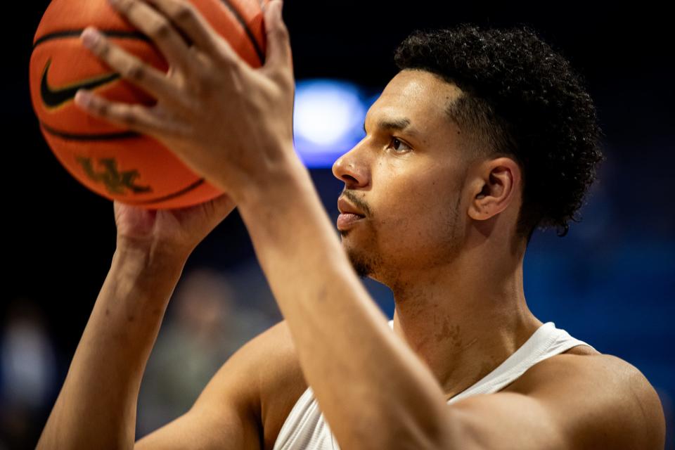 Kentucky's Tre Mitchell worked on his shot during pregame warmups before the Wildcats took on the St. Joseph's Hawks at Rupp Arena on Monday, Nov. 20, 2023.