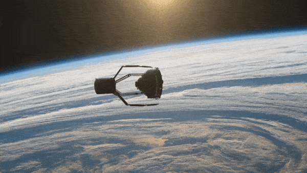  animation of a spider-shaped spacecraft extending its legs and capturing a cone-shaped piece. the earth and clouds are in behind, as well as the black of space 
