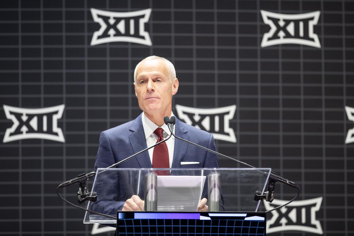 Oct 17, 2023; Kansas City, MO, USA; Big 12 commissioner Brett Yormark speaks to the press at the Big 12 Women’s Basketball Tipoff at T-Mobile Center.