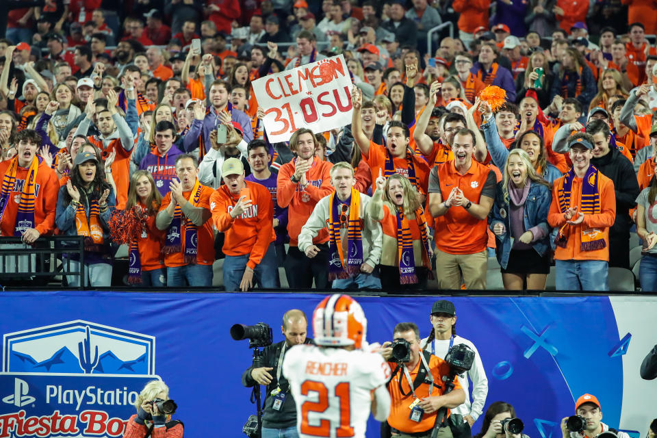 Clemson Tigers fans cheer during the CFP semifinal between Clemson and Ohio State on Dec. 28, 2019. (Kevin Abele/Icon Sportswire via Getty Images)