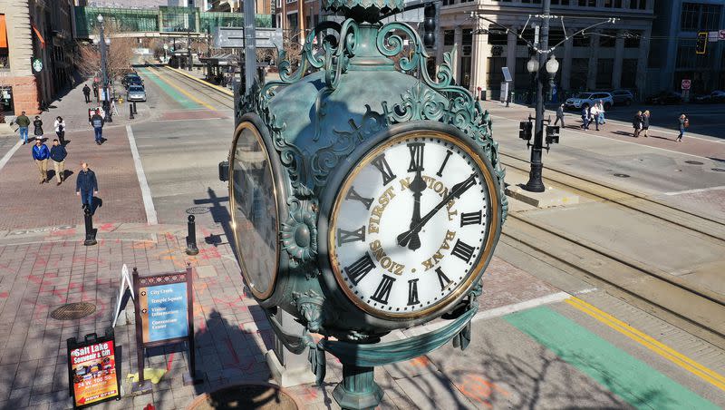 The Zions Bank clock on Main Street in Salt Lake City on Tuesday, Feb. 8, 2022.