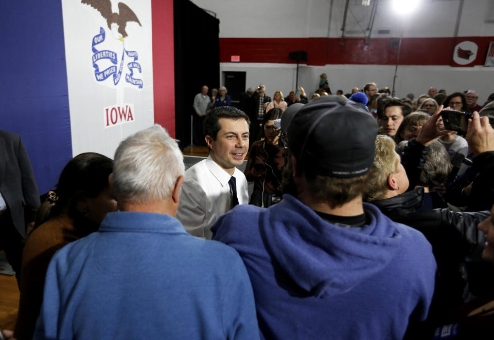 Democratic presidential candidate South Bend, Ind. Mayor Pete Buttigieg speaks to supporters during a campaign stop at Maquoketa Middle School in Maquoketa, Iowa, Monday, Dec. 30, 2019. (Eileen Meslar/Telegraph Herald via AP)