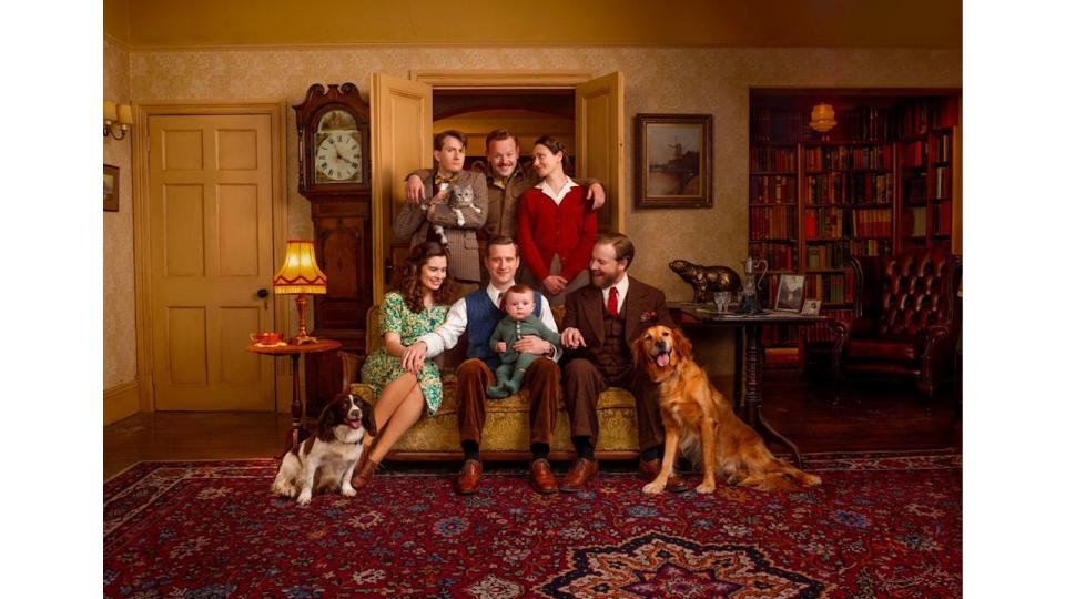 James Anthony-Rose as Richard Carmody, Callum Woodhouse as Tristan Farnon & Anna Madeley as Mrs Hall, Rachel Shenton as Helen Alderson, Nicholas Ralph as James Herriot & Samuel West Siegfried Farnon