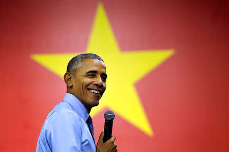 U.S. President Barack Obama smiles as he attends a town hall meeting with members of the Young Southeast Asian Leaders Initiative (YSEALI) at the GEM Center in Ho Chi Minh City, Vietnam May 25, 2016. REUTERS/Carlos Barria