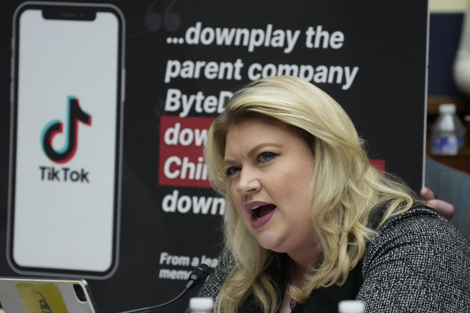 Rep. Kat Cammack, R-Fla., questions TikTok CEO Shou Zi Chew during a hearing of the House Energy and Commerce Committee, on the platform's consumer privacy and data security practices and impact on children, Thursday, March 23, 2023, on Capitol Hill in Washington. (AP Photo/Alex Brandon)