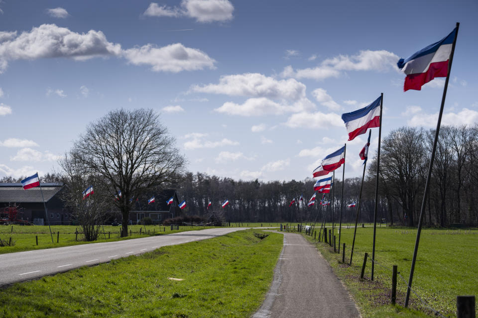 Upside-down Dutch flags fly in protest against the Dutch government's plans to drastically reduce emissions of nitrogen pollutants by the country's agricultural sector, near a farm, left, outside Deventer, eastern Netherlands, on the day of the country's provincial elections, Wednesday, March 15, 2023. (AP Photo/Peter Dejong)