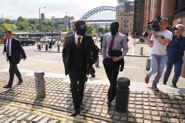 Daniel Graham (centre-left) and Adam Carruthers (centre-right) leaving Newcastle Upon Tyne Magistrates’ Court
