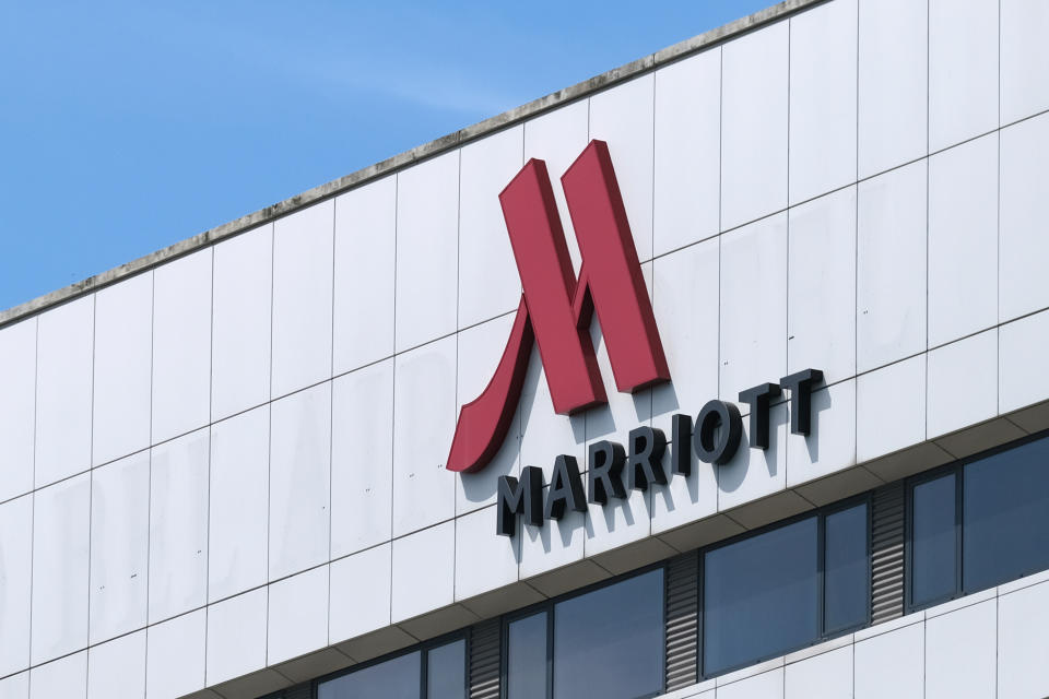 THE HAGUE, NETHERLANDS - JUNE 24: A logo of Marriott, the world's largest hotel chain, is pictured outside its hotel on June 24, 2020 in The Hague, Netherlands. (Photo by Yuriko Nakao/Getty Images)