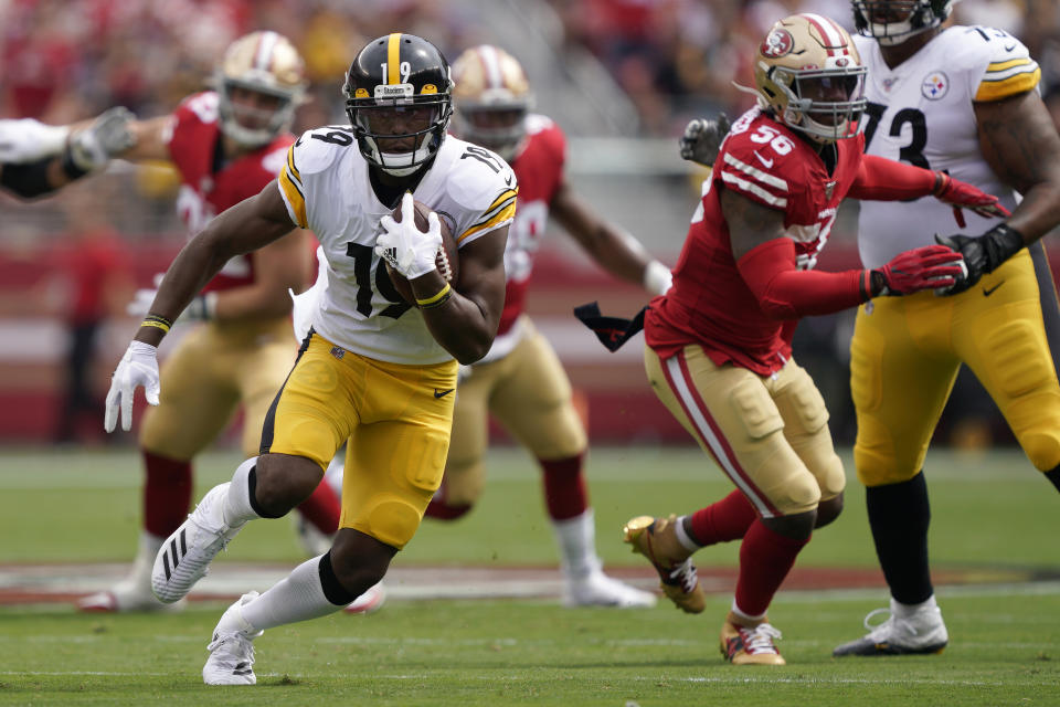 Pittsburgh Steelers wide receiver JuJu Smith-Schuster (19) runs against the San Francisco 49ers during the first half of an NFL football game in Santa Clara, Calif., Sunday, Sept. 22, 2019. (AP Photo/Tony Avelar)