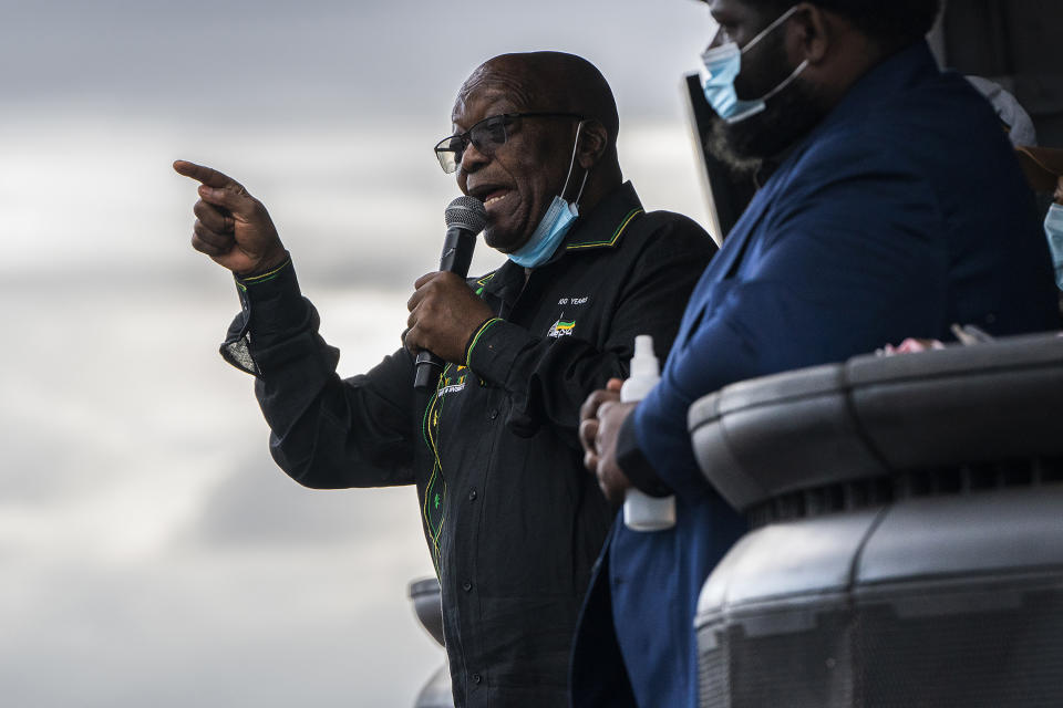 FILE - In this Sunday, July 4, 2021 file photo, former President Jacob Zuma addresses supporters at his home in Nkandla, KwaZulu-Natal Province, South Africa. Zuma has been granted medical parole, after serving two months of a 15-month sentence for contempt of court. (AP Photo/Shiraaz Mohamed, File)