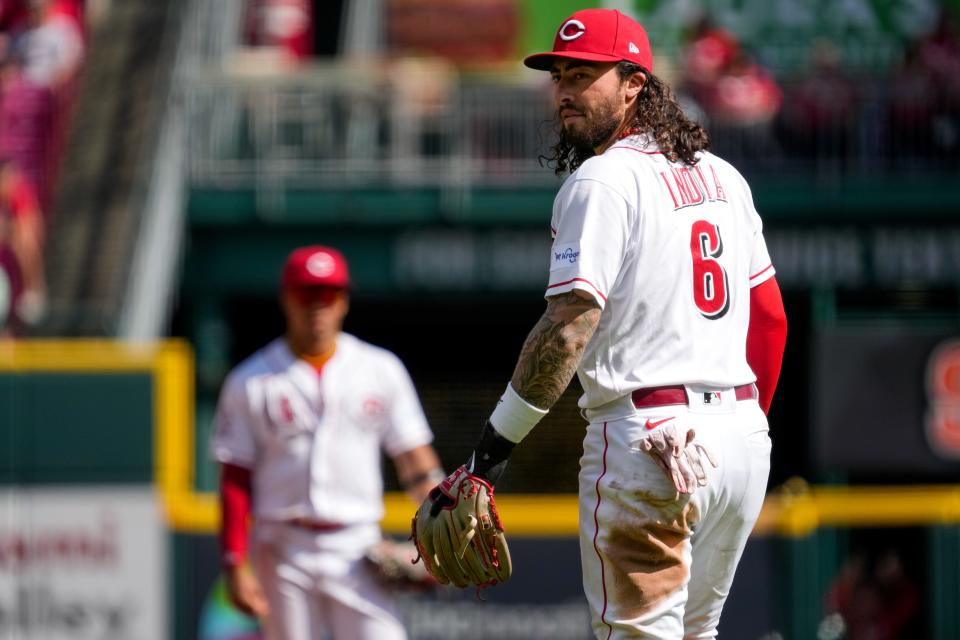 Cincinnati Reds second baseman Jonathan India (6) returns to position after misplaying a bunt in the ninth inning of the MLB Interleague game between the Cincinnati Reds and the Minnesota Twins at Great American Ball Park in downtown Cincinnati on Wednesday, Sept. 20, 2023.