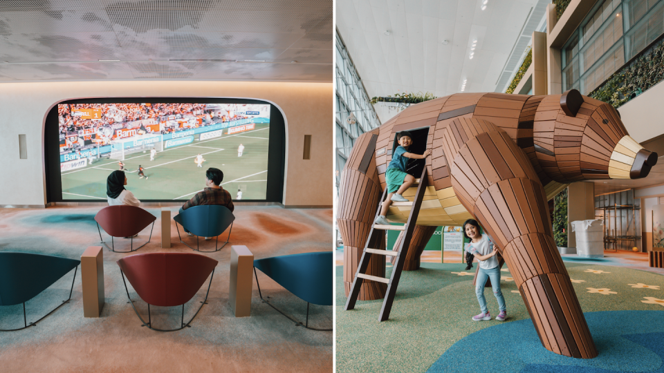 TV lounge on an LED wall (left) and 2 Bears Hideout playground (Photos: Changi Airport Group) 