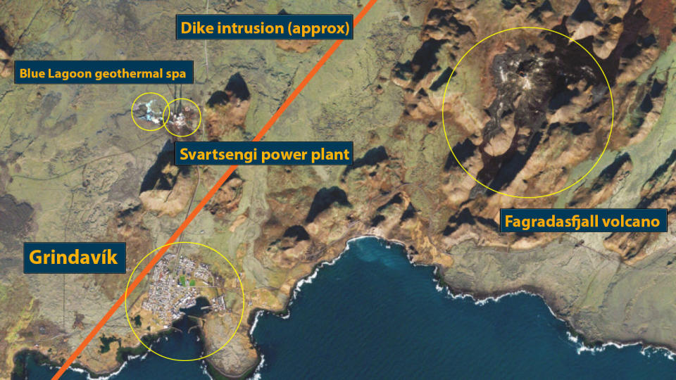 Adapted image showing a map of the area impacted by the magma dike in Iceland