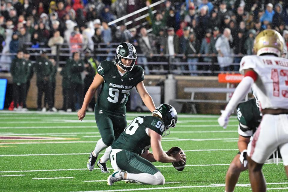 Michigan State Spartans place kicker Jonathan Kim kicks a field goal against the Boston College Eagles during the first half at Alumni Stadium on Saturday, Sept. 21, 2024, in Chestnut Hill, Massachusetts.