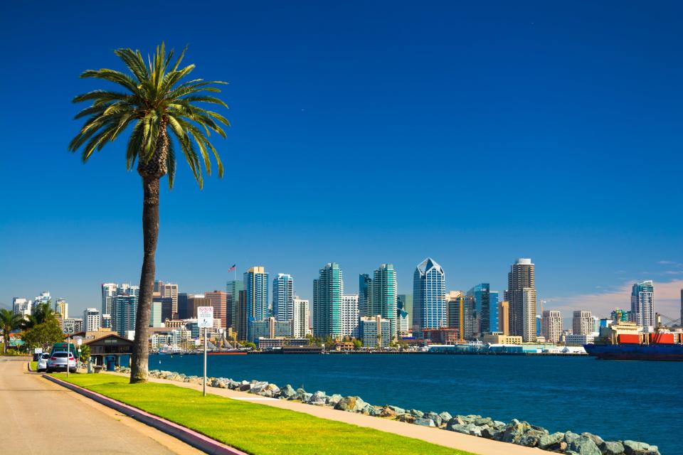 <h1 class="title">San Diego skyline with Palm Tree, Bay, and Blue Sky</h1><cite class="credit">Photo: Getty Images/David Liu</cite>