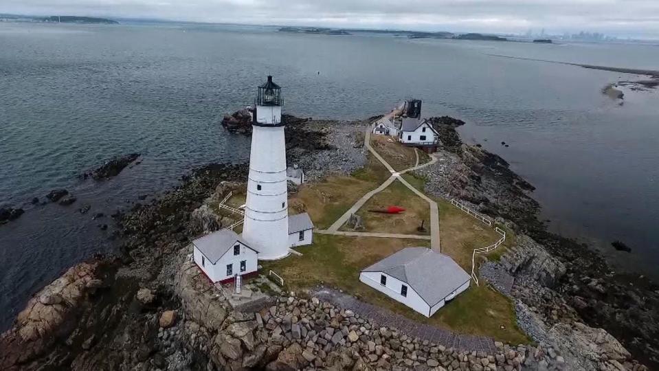 Drone shot captures Boston Light, America's first lighthouse constructed in 1716.