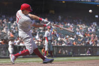 Philadelphia Phillies' Rhys Hoskins hits a three-run home run against the San Francisco Giants during the seventh inning of a baseball game in San Francisco, Saturday, June 19, 2021. (AP Photo/Jeff Chiu)