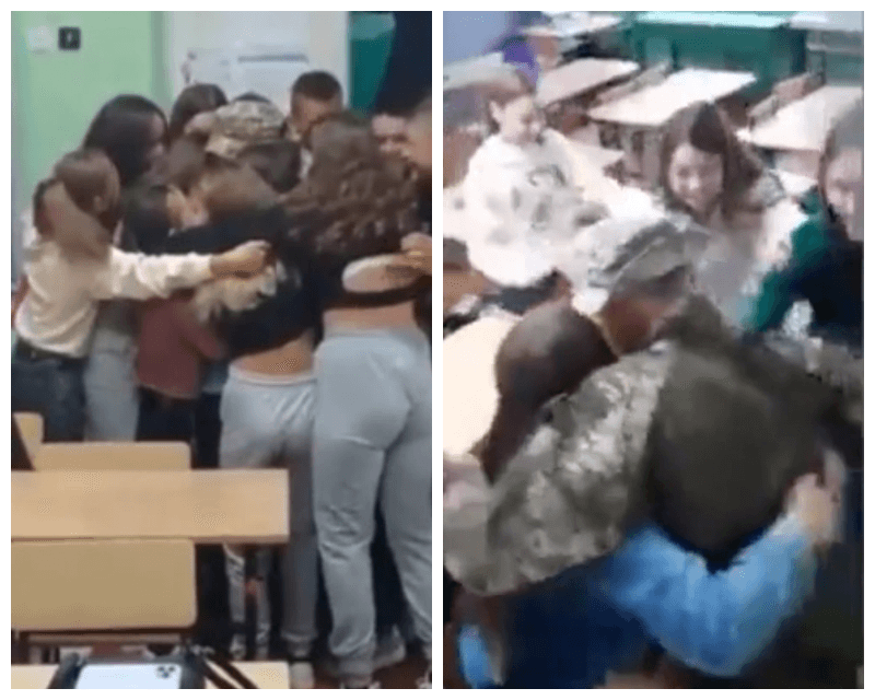 一名老師從戰場平安歸來，被學生熱情擁抱。（翻攝推特）