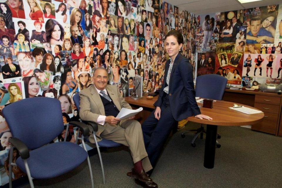 Gustavo Cisneros, sitting, with Adriana Cisneros at the casting department of Venevision Productions’ headquarters in Medley, South Florida in a file photo from 2013.