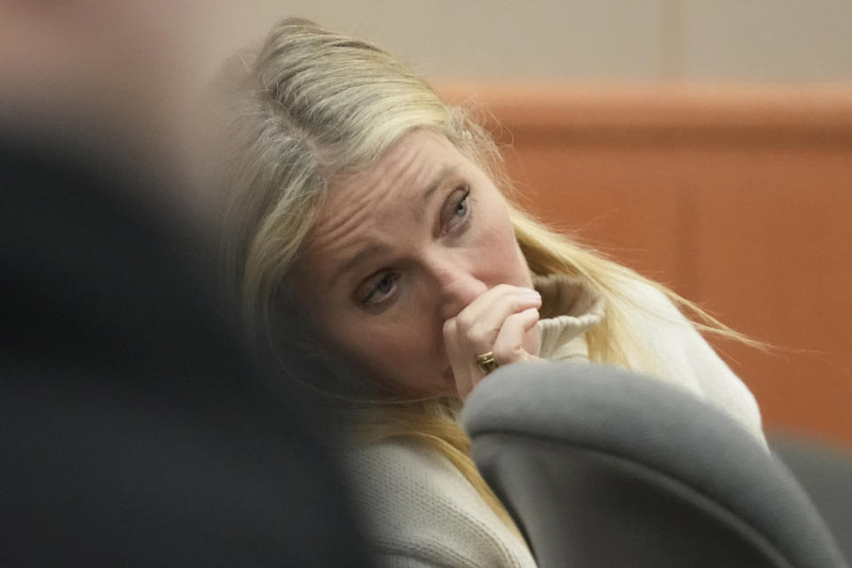 Actor Gwyneth Paltrow looks on as she sits in the courtroom on Tuesday, March 21, 2023, in Park City, Utah. Paltrow's trial over a 2016 ski collision began in the Utah ski resort town of Park City, where she is accused of crashing into a skier at Deer Valley Resort. The man suing accuses the actress of skiing out of control leaving him with brain damage and four broken ribs. (AP Photo/Rick Bowmer, Pool)