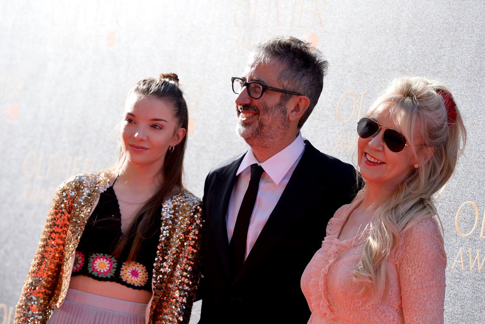 LONDON, ENGLAND - APRIL 09:  (L-R) Dolly Loveday Baddiel, David Baddiel and Morwenna Banks attend The Olivier Awards 2017 at Royal Albert Hall on April 9, 2017 in London, England.  (Photo by Jeff Spicer/Getty Images)