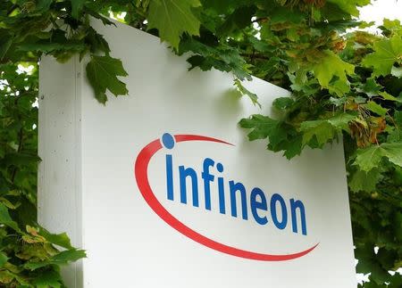 The logo of semiconductor manufacturer Infineon is seen at its Austrian headquarters in Villach, Austria, August 1, 2016. REUTERS/Heinz-Peter Bader