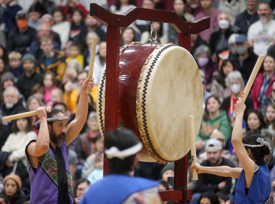 The Seattle Kokon Taiko perform for the crowd during Mochi Tsuki at Bainbridge Island’s Woodward Middle School on Saturday, Jan. 6, 2024.