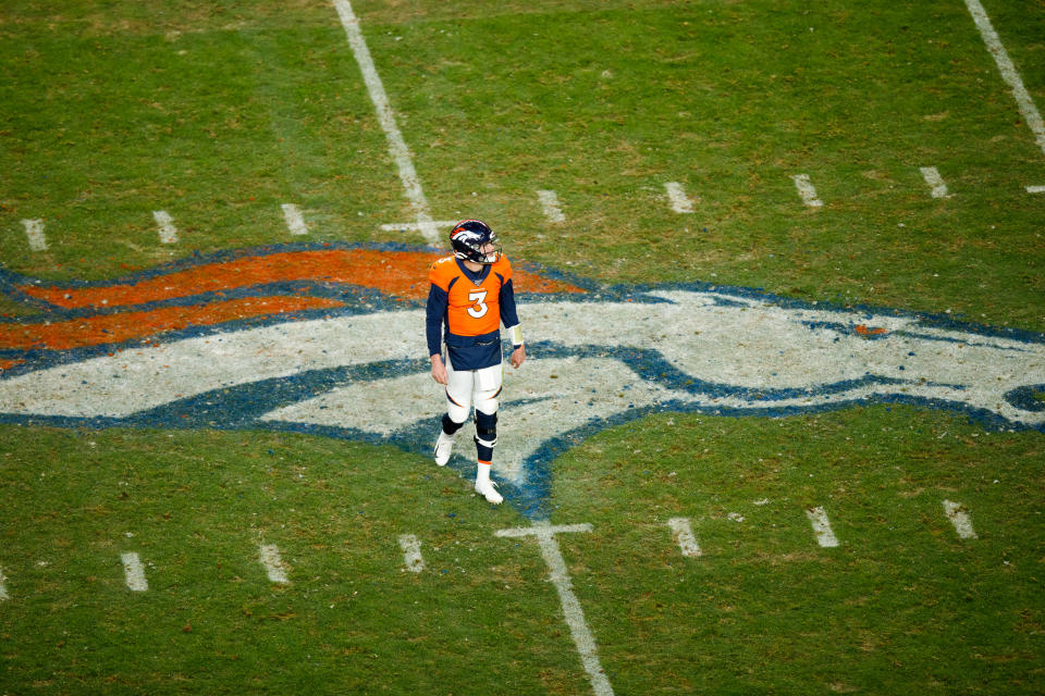 DENVER, CO - DECEMBER 29:  Quarterback Drew Lock #3 of the Denver Broncos walks off the field against the Oakland Raiders during the fourth quarter at Empower Field at Mile High on December 29, 2019 in Denver, Colorado. The Broncos defeated the Raiders 16-15. (Photo by Justin Edmonds/Getty Images)